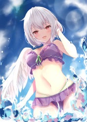 Rule 34 | 1girl, absurdres, bare arms, bare legs, bare shoulders, bikini, blush, braid, breasts, cowboy shot, day, feathered wings, from below, hair between eyes, highres, kishin sagume, large breasts, looking at viewer, looking down, navel, niko kusa, open mouth, purple bikini, red eyes, short hair, single wing, smile, solo, swimsuit, touhou, white hair, white wings, wings