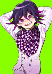 Rule 34 | 1boy, :d, arms behind head, buttons, cowboy shot, danganronpa (series), danganronpa v3: killing harmony, double-breasted, green background, grey jacket, grey pants, hair between eyes, highres, jacket, long sleeves, looking at viewer, male focus, oma kokichi, open mouth, pants, purple eyes, purple scarf, scarf, shachoo (poco poco), simple background, smile, solo, teeth, white scarf
