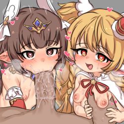 Rule 34 | 1boy, 2girls, :&gt;=, animal ears, basukechi, blonde hair, blush, breasts, brown eyes, brown hair, fellatio, ffm threesome, granblue fantasy, grey background, group sex, haaselia, harvin, heart, heart-shaped pupils, looking at viewer, mahira (granblue fantasy), multiple girls, nipples, open mouth, oral, penis, pointy ears, pov, simple background, small breasts, symbol-shaped pupils, threesome, uncensored