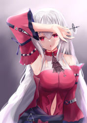 Rule 34 | 1girl, absurdres, arknights, arm on own head, arm up, armpits, ascot, bare shoulders, black ascot, black background, breasts, chestnut mouth, clothing cutout, detached sleeves, dress, gradient background, headgear, highres, karu (karusenpai), long hair, long sleeves, looking at viewer, medium breasts, navel, navel cutout, no headwear, official alternate costume, red dress, red eyes, short dress, silver hair, skadi (arknights), skadi the corrupting heart (arknights), solo, very long hair, white background