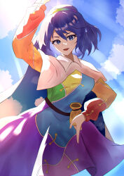 Rule 34 | 1girl, absurdres, blue eyes, blue hair, chirihouki, cloud, cloudy sky, dress, hairband, highres, long sleeves, multicolored clothes, multicolored dress, open mouth, pointing, pointing down, pointing up, rainbow hair ornament, short hair, sky, smile, solo, sunlight, tenkyuu chimata, touhou