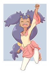 Rule 34 | 1girl, bow, closed eyes, creatures (company), dark-skinned female, dark skin, fist pump, game freak, gym leader, hair ornament, highres, iris (pokemon), julian0223, long hair, nintendo, open mouth, outstretched arm, pink bow, pokemon, pokemon bw, purple hair, shirt, simple background, solo, teeth, upper teeth only, very long hair, yellow shirt