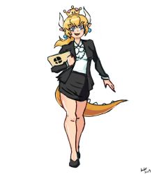 Rule 34 | 1girl, bad id, bad twitter id, blonde hair, blue17844280, blue eyes, bowsette, business suit, coat, doug bowser, earrings, folder, formal, horns, jewelry, mario (series), nintendo, open clothes, open coat, skirt, suit, super crown, tail
