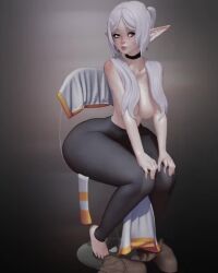 Rule 34 | 1girl, 3d, animated, ass, back, breasts, chair, collarbone, curvy, earrings, elf, feet, frieren, glass chair, green eyes, huge ass, jewelry, lips, long hair, looking at viewer, lowres, medium breasts, multiple views, narrow waist, pantyhose, pointy ears, rushzilla, sitting, smile, solo, sousou no frieren, thick thighs, thighs, topless, turnaround, twintails, video, white hair, wide hips