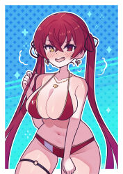 Rule 34 | 1girl, absurdres, ancortsu, bikini, black ribbon, blush, breasts, cleavage, earrings, fang, gold earrings, gold necklace, hair ribbon, heart, heart earrings, heart necklace, heterochromia, highres, hololive, houshou marine, houshou marine (summer), jewelry, large breasts, long hair, looking at viewer, navel, necklace, o-ring, o-ring thigh strap, official alternate costume, open mouth, red bikini, red eyes, red hair, ribbon, smile, swimsuit, thigh strap, twintails, virtual youtuber, yellow eyes
