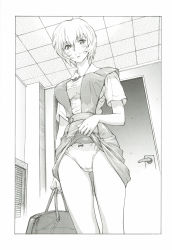 Rule 34 | 1girl, ayanami rei, bag, black eyes, blush, breasts, cameltoe, clothes lift, door, female focus, from below, greyscale, highres, indoors, large breasts, lifting own clothes, looking at viewer, looking down, monochrome, neon genesis evangelion, panties, school uniform, short hair, skirt, skirt lift, smile, solo, standing, thigh gap, underwear, upskirt, white panties