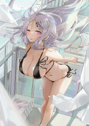 Rule 34 | 1girl, ;p, armpits, arms behind back, balcony, basket, bikini, black bikini, blurry, blush, breasts, dema hmw, depth of field, floating hair, hair ornament, hairclip, hand on railing, highres, large breasts, laundry basket, leaning forward, long hair, looking at viewer, mole, mole on breast, navel, one eye closed, original, pink eyes, railing, side-tie bikini bottom, solo, stomach, swimsuit, symbol-shaped pupils, tongue, tongue out, white hair, wind