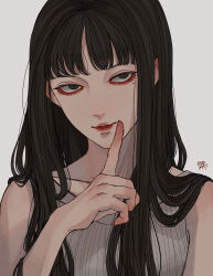 Rule 34 | 1girl, bare shoulders, black hair, blunt bangs, closed mouth, commentary, finger to mouth, grey shirt, hair over shoulder, hand up, highres, kagoya1219, kawakami tomie, light smile, long hair, looking at viewer, ribbed shirt, sanpaku, shirt, signature, simple background, sleeveless, sleeveless shirt, solo, straight hair, tomie, upper body, white background