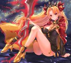 Rule 34 | 1girl, absurdres, artist name, ass, blonde hair, blush, bow, breasts, cape, commentary request, earrings, ereshkigal (fate), fate/grand order, fate (series), hair ribbon, highres, holding, holding weapon, huge filesize, jewelry, large breasts, long hair, looking at viewer, milky way, night, night sky, parted bangs, red eyes, ribbon, sitting, skull, sky, smile, solo, star (sky), tiara, twintails, two side up, wakana art, weapon
