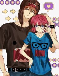 1boy 1girl absurdres adjusting_eyewear blue_eyes brown_hair couple gintama glasses hat highres kagura_(gintama) kkd_04 okita_sougo red_eyes red_hair round_eyewear shirt