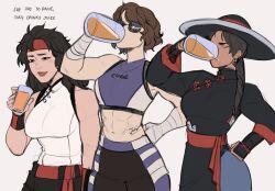 Rule 34 | 3girls, abs, alcohol, bandaged arm, bandaged hand, bandages, beer, beer mug, black eyes, black hair, braid, breasts, brown hair, chinese clothes, commentary, crop top, cup, dark-skinned female, dark skin, drinking, earrings, english commentary, english text, genderswap, genderswap (mtf), hair over shoulder, hand on own hip, hat, headband, highres, holding, holding cup, jewelry, johnny cage, juice, kamii momoru, kung lao, liu kang, medium breasts, mortal kombat (series), mortal kombat 1 (2023), mug, multiple girls, navel, orange juice, red headband, single braid, sunglasses, tattoo, toned