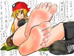 Rule 34 | 10s, 1girl, artist request, bandana, barefoot, blonde hair, blush, boots, danball senki, feet, foot focus, grin, kitajima saki, long hair, looking at viewer, pov, shoes, unworn shoes, smile, soles, source request, steam, toes, translated, yellow eyes