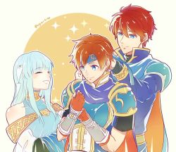 Rule 34 | 1girl, 2boys, ^ ^, aqua dress, armor, bare shoulders, blue armor, blue cape, blue eyes, blue hair, blue headband, blunt bangs, blush, cape, closed eyes, closed mouth, dress, eliwood (fire emblem), family, father and son, fingerless gloves, fire emblem, fire emblem: the binding blade, fire emblem: the blazing blade, fire emblem heroes, gloves, hair between eyes, hair ornament, hands up, happy, head down, headband, husband and wife, jewelry, kazame, light blue hair, long hair, long sleeves, looking at another, looking down, mother and son, multiple boys, multiple girls, ninian, nintendo, open mouth, parted lips, preparing, red gloves, red hair, roy (fire emblem), short hair, short sleeves, sidelocks, simple background, smile, sparkle, super smash bros., taiga kazame, tiara, time paradox, twitter username, upper body, veil
