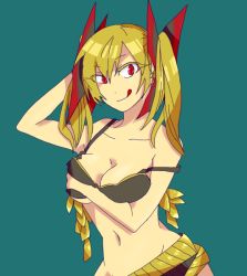 Rule 34 | 10s, 1girl, bare shoulders, bikini, blonde hair, bow, breast hold, breasts, cleavage, creatures (company), female focus, game freak, gen 5 pokemon, hair bow, hand on head, haxorus, licking, navel, nintendo, ononokusu, personification, pokemon, pokemon bw, red eyes, short hair, simple background, solo, swimsuit, tongue, twintails