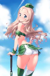 Rule 34 | 1girl, alternate costume, arched back, armband, ass, back, blonde hair, blue sky, boots, closed mouth, cloud, cloudy sky, commentary, contrail, crop top, day, drill hair, frilled armband, frilled cuffs, frills, from behind, garrison cap, girls und panzer, green eyes, green hat, green shirt, green skirt, hat, highres, holding, holding umbrella, kuzuryuu kennosuke, long hair, looking at viewer, looking back, marie (girls und panzer), microskirt, outdoors, planted, planted umbrella, race queen, shirt, skirt, sky, smile, solo, standing, thigh boots, thighhighs, thighs, umbrella, wind, wrist cuffs