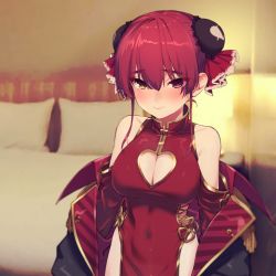Rule 34 | 1girl, alternate costume, bare shoulders, bed, blurry, blurry background, blush, breasts, bun cover, china dress, chinese clothes, cleavage cutout, clothing cutout, coat, commentary request, covered navel, double bun, dress, hair bun, heart cutout, heterochromia, highres, hololive, houshou marine, large breasts, looking at viewer, off-shoulder coat, off shoulder, oshiruko (oshiruco 212048), red dress, red eyes, red hair, smile, solo, upper body, virtual youtuber, yellow eyes