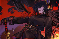 Rule 34 | 1girl, belt, black gloves, black hair, brown hair, bullet, buttons, cape, commentary request, double-breasted, fate/grand order, fate (series), gloves, hand on weapon, hat, katana, march ab, military, military uniform, mouth hold, oda nobunaga (fate), oda nobunaga (koha-ace), oda uri, official alternate costume, red eyes, sword, torn cape, torn clothes, uniform, weapon