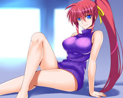Rule 34 | 1girl, bare shoulders, blue eyes, braid, breasts, closed mouth, engo (aquawatery), hair ribbon, large breasts, long hair, looking at viewer, lyrical nanoha, pink hair, ponytail, ribbon, signum, sitting, sleeveless, smile, solo, sweater