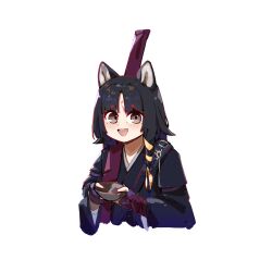 Rule 34 | 1girl, :d, absurdres, animal ears, arknights, black hair, black kimono, blunt bangs, bowl, commentary, cropped torso, crr001, dog ears, facial mark, forehead mark, grey eyes, highres, holding, holding bowl, japanese clothes, kimono, long hair, looking at viewer, open mouth, saga (arknights), simple background, smile, solo, upper body, white background