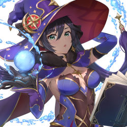 Rule 34 | 1girl, aqua eyes, bare shoulders, black gloves, black hair, blue cape, blue hat, blue leotard, bodystocking, book, breasts, cape, cleavage, covered navel, detached sleeves, earrings, elbow gloves, fur collar, genshin impact, gloves, gold trim, hat, hat ornament, highleg, highleg leotard, jewelry, kelinch1, leotard, long hair, looking at viewer, medium breasts, mona (genshin impact), open mouth, orb, pantyhose, solo, star (symbol), star earrings, thighlet, thighs, twintails, water, witch hat