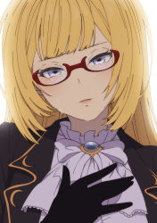 Rule 34 | 1girl, black gloves, black jacket, blonde hair, blush, bow, bowtie, brooch, friday (granblue fantasy), gloves, granblue fantasy, hand on own chest, jacket, jewelry, lips, long hair, looking at viewer, mifuta, parted lips, semi-rimless eyewear, shirt, solo, tears, upper body, white background, white shirt