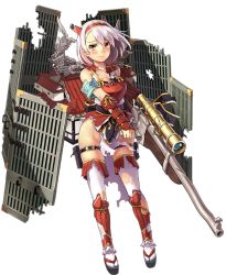 Rule 34 | 1girl, aizuwakamatsu (oshiro project), antique firearm, architecture, armband, armor, breastplate, castle, east asian architecture, firearm, full body, gun, hairband, holding, holding weapon, horns, kekemotsu, looking at viewer, no panties, official art, oshiro project:re, oshiro project:re, red eyes, rifle, scope, shachihoko, short hair, smile, solo, thighhighs, torn clothes, torn thighhighs, transparent background, wavy mouth, weapon, white hair