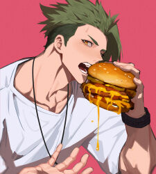 Rule 34 | 1boy, absurdres, achilles (fate), burger, cheese, cheese trail, collarbone, eyelashes, fate (series), food, green hair, haruakira, highres, imminent bite, jewelry, male focus, muscular, muscular male, necklace, open mouth, orange eyes, pink background, shirt, short hair, sideburns, solo, t-shirt, teeth, undercut, watch, white shirt, wristwatch