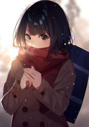Rule 34 | 1girl, bag, black eyes, black hair, blurry, blurry background, blush, breath, brown coat, buttons, coat, commentary request, depth of field, double-breasted, highres, kisui (28992125), long sleeves, looking at viewer, original, own hands together, red scarf, scarf, scarf over mouth, school bag, short hair, snowing, solo, upper body