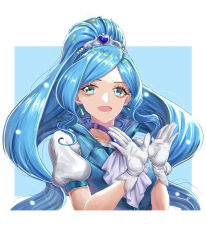 Rule 34 | 1girl, absurdres, ascot, blue background, blue vest, cure fontaine, earrings, gloves, hair ornament, healin&#039; good precure, heart, heart hair ornament, highres, jewelry, looking at viewer, necklace, open mouth, precure, puffy short sleeves, puffy sleeves, sakana sakanama, sawaizumi chiyu, shirt, short sleeves, smile, solo, split ponytail, upper body, vest, white background, white gloves, white shirt