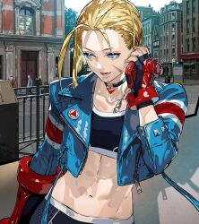 Rule 34 | 1girl, abs, blonde hair, blue eyes, cammy white, cellphone, choker, facial scar, gloves, holding, holding phone, jacket, midriff, mita chisato, navel, open clothes, open jacket, phone, red gloves, scar, scar on cheek, scar on face, solo, sports bra, street fighter, street fighter 6