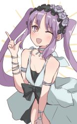 Rule 34 | 1girl, ;d, absurdres, bare shoulders, blush, bracelet, breasts, collarbone, dress, euryale (fate), euryale (third ascension) (fate), fate/hollow ataraxia, fate (series), frilled hairband, frills, hairband, highres, index finger raised, jewelry, kopaka (karda nui), long hair, looking at viewer, neck ring, necklace, one eye closed, open mouth, purple eyes, purple hair, sidelocks, simple background, small breasts, smile, solo, thighs, twintails, very long hair, white background, white dress