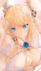Rule 34 | 1girl, azur lane, blonde hair, blue eyes, blue flower, breasts, center opening, china dress, chinese clothes, cleavage, clothing cutout, dress, flower, gold trim, hair ornament, highres, large breasts, laurel crown, long hair, looking at viewer, official alternate costume, shika (shika0), solo, stomach cutout, upper body, victorious (azur lane), victorious (guidance of the spring goddess) (azur lane), white dress