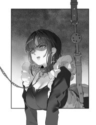 Rule 34 | 1girl, ball gag, breasts, breath, chain, chain leash, cleavage, collar, collarbone, cross, cross earrings, earrings, frills, gag, greyscale, hei yan-m82a1, highres, jewelry, large breasts, leash, maid, monochrome, open mouth, original, short hair, sketch, solo, viewer holding leash, wiffle gag