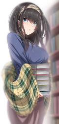 Rule 34 | 10s, 1girl, black hair, blue eyes, blue shirt, blurry, blush, book, breast rest, breasts, carried breast rest, carrying, depth of field, hairband, idolmaster, idolmaster cinderella girls, large breasts, long hair, looking at viewer, murasame nohito, parted lips, plaid, sagisawa fumika, shawl, shirt, solo