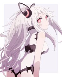 Rule 34 | 10s, 1girl, abyssal ship, airfield princess, alternate hairstyle, bare arms, bare shoulders, border, horns, kantai collection, leotard, long hair, ponytail, red eyes, salve (8947279), sleeveless, solo, very long hair, white border, white hair