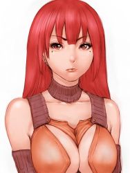 Rule 34 | 1girl, bare shoulders, breasts, cleavage, collar, collarbone, fumio (rsqkr), large breasts, lips, long hair, mole, mole under eye, original, red eyes, red hair, simple background, solo, upper body