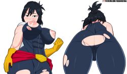 Rule 34 | 1girl, absurdres, ass, black hair, bodysuit, boku no hero academia, breasts, cape, coldarsenal, gloves, highres, large breasts, looking at viewer, nipples, no bra, no panties, shimura nana, smile, solo, torn clothes, white cape, yellow gloves