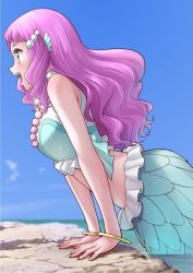 Rule 34 | 1girl, aqua eyes, blue sky, bracelet, cloud, day, fins, head fins, highres, jewelry, laura (precure), long hair, looking away, mermaid, midriff, monster girl, ocean, ogry ching, open mouth, outdoors, partially submerged, pink hair, precure, profile, sky, solo, tropical-rouge! precure, water, wet