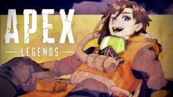 Rule 34 | 1boy, apex legends, blue eyes, bright pupils, brown hair, cable, caustic (apex legends), caustic (apex legends) (cosplay), copyright name, cosplay, crazy raccoon, goggles, goggles around neck, hair behind ear, highres, kinako (crazy raccoon), leaning back, logo, male focus, multicolored hair, pink hair, satozaka, sitting, solo, streaked hair, virtual youtuber, white pupils