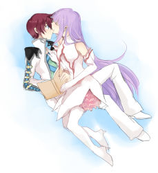 Rule 34 | 1boy, 1girl, asbel lhant, blush, gradient background, highres, sophie (tales), tales of (series), tales of graces, white background