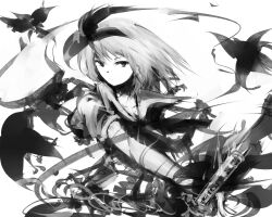 Rule 34 | 1girl, closed mouth, collared shirt, greyscale, hair ribbon, holding, holding sword, holding weapon, katana, konpaku youmu, looking at viewer, monochrome, puffy short sleeves, puffy sleeves, ribbon, sakinomae, shirt, short hair, short sleeves, sidelocks, solo, sword, touhou, upper body, weapon