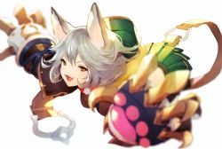 Rule 34 | 1girl, animal ears, animal hands, belt, brown eyes, claws, collar, fang, gloves, granblue fantasy, green skirt, grey hair, hair between eyes, looking at viewer, nido celisius, open mouth, paw gloves, pleated skirt, sen (granblue fantasy), short hair, simple background, skirt, solo, white background
