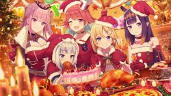 Rule 34 | 5girls, alternate costume, animal ears, animal hood, aqua hair, blonde hair, blue eyes, blue hair, blunt bangs, blurry, blurry foreground, blush, breasts, burger, cake, candle, capelet, center opening, chicken leg, christmas, christmas ornaments, christmas tree, cleavage, closed mouth, commentary, cookie, cowboy shot, crossed fingers, cup, depth of field, dessert, detached collar, dress, drinking glass, earrings, eating, english commentary, feather earrings, feathers, flat chest, food, fruit, fur-trimmed collar, fur-trimmed dress, fur trim, gawr gura, gloves, gradient hair, grin, hair ornament, hat, highres, holding, holding cup, holding food, hololive, hololive english, hood, jewelry, long hair, looking at viewer, medium breasts, mole, mole under eye, mori calliope, multicolored hair, multiple girls, ninomae ina&#039;nis, off-shoulder dress, off shoulder, one eye closed, open mouth, orange hair, parted bangs, pink eyes, pink hair, pizza, pointy ears, pom pom (clothes), purple eyes, purple hair, red capelet, red dress, red gloves, red headwear, santa costume, santa dress, santa hat, shark hood, sharp teeth, short hair, silver hair, smile, star (symbol), strawberry, streaked hair, takanashi kiara, teeth, tentacle hair, tiara, turkey (food), v, veil, virtual youtuber, watson amelia, weizen, wine glass