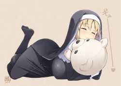 Rule 34 | 1girl, bad id, bad twitter id, bakutendou, black dress, black legwear, blonde hair, blush, breasts, closed eyes, dated, dress, full body, habit, highres, holding, holding stuffed toy, holding toy, huge breasts, long hair, long sleeves, lying, nijisanji, nun, on side, on stomach, sister claire, sister claire (1st costume), smile, socks, stuffed animal, stuffed toy, teddy bear, toy, traditional nun, virtual youtuber