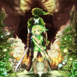 Rule 34 | 2boys, blonde hair, blue eyes, dual persona, fairy, gloves, hat, highres, holding sword, koshinaka, link, male focus, multiple boys, navi, nintendo, pointy ears, sword, the legend of zelda, the legend of zelda: ocarina of time, weapon, young link