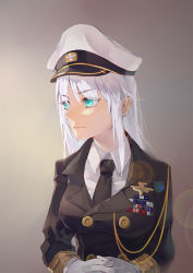 Rule 34 | 1girl, azur lane, bad id, bad pixiv id, black necktie, blouse, collared shirt, enterprise (azur lane), gloves, gold trim, green eyes, hand on hand, hat, highres, interlocked fingers, long hair, looking away, military, military hat, military uniform, necktie, own hands together, peaked cap, shirt, silver hair, simple background, solo, uniform, white shirt