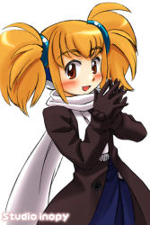 Rule 34 | 1girl, blonde hair, blush, brown eyes, brown gloves, cowboy shot, gloves, happy, long sleeves, looking at viewer, original, scarf, short hair, simple background, smile, solo, standing, studio inopy, twintails, white background, white scarf