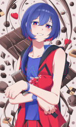 Rule 34 | 1girl, absurdres, blue eyes, blue hair, blue shirt, blush, bracelet, candy, chocolate, chocolate bar, collarbone, colored inner hair, commentary request, daradara art, food, food request, gift, grin, hair over shoulder, half-closed eyes, highres, holding, holding candy, holding food, hood, hood down, hooded jacket, jacket, jewelry, kamitsubaki studio, long hair, looking at viewer, low ponytail, macaron, multicolored eyes, multicolored hair, open clothes, open jacket, red eyes, red hair, red skirt, rim (kamitsubaki studio), shirt, skirt, sleeveless, sleeveless jacket, sleeveless shirt, smile, solo, upper body, virtual youtuber, yellow pupils
