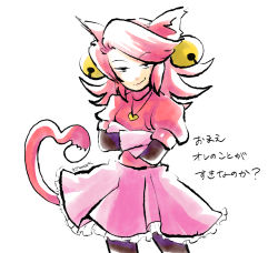 Rule 34 | 1girl, absurdres, animal ears, bell, black thighhighs, breasts, cat ears, cat tail, gloves, hair bell, hair ornament, highres, mad mew mew, magical girl, medium breasts, pink hair, skirt, solo focus, tail, thighhighs, twintails, undertale, white gloves