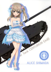 Rule 34 | 10s, 1girl, absurdres, back bow, blue bow, blue flower, blue ribbon, boko (girls und panzer), bow, breasts, brown eyes, brown hair, centurion (tank), character name, collarbone, dress, flower, frilled dress, frills, full body, girls und panzer, hair between eyes, hair flower, hair ornament, hair ribbon, high heels, highres, jewelry, layered dress, long hair, military, military vehicle, motor vehicle, necklace, pink flower, pumps, ribbon, shimada arisu, side ponytail, sleeveless, sleeveless dress, small breasts, solo, standing, strapless, strapless dress, tank, white background, white dress, white flower